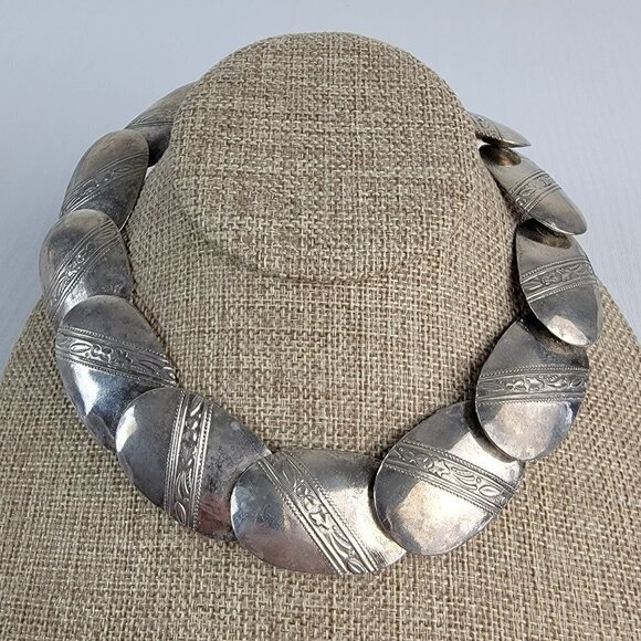 Antique Elgin American Etched Silver Plat Oval Link Necklace Statement 20.5 Inch - Picture 1 of 8